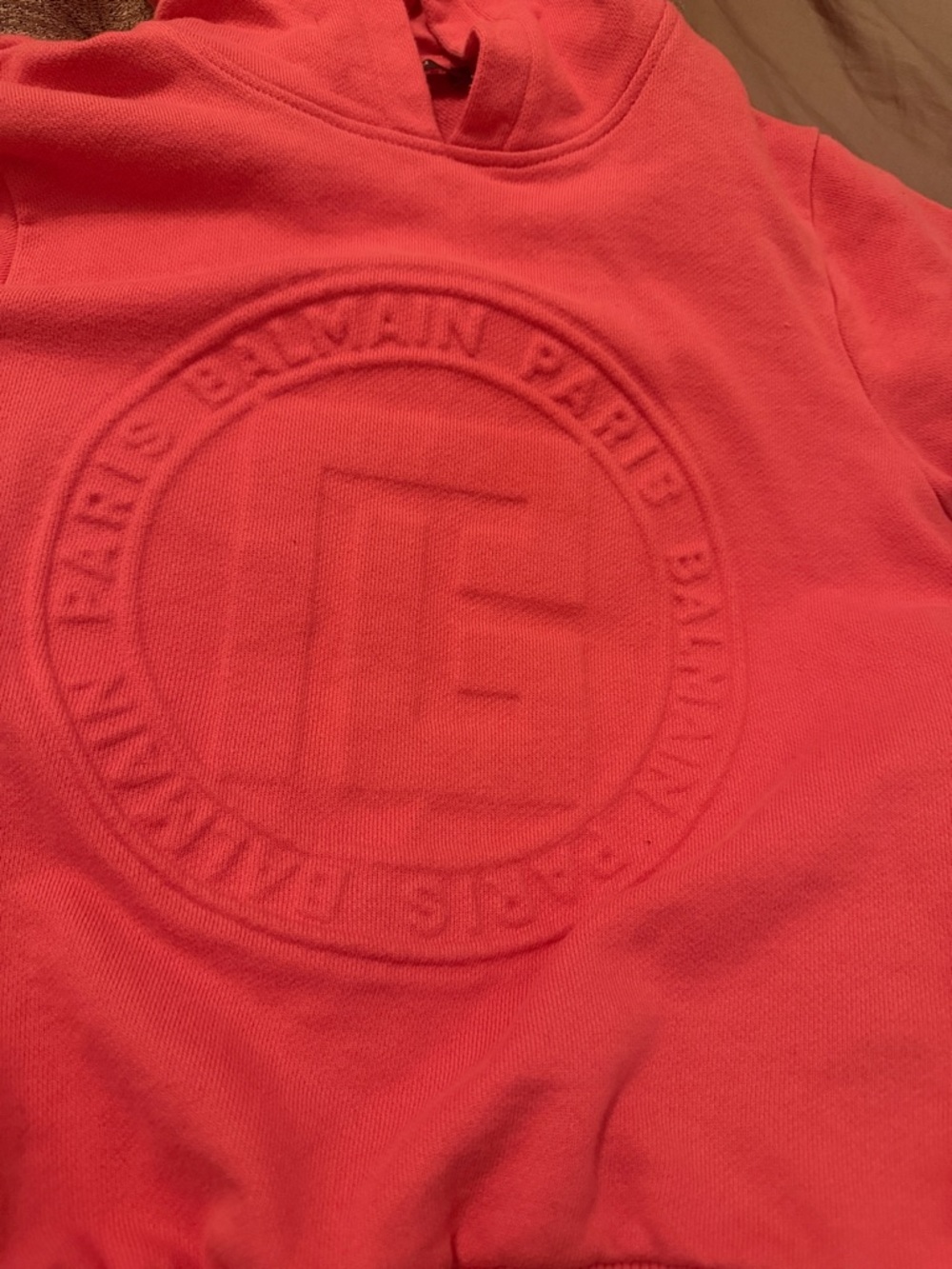 Balmain Kids Coral-Red Embossed Logo Hoodie